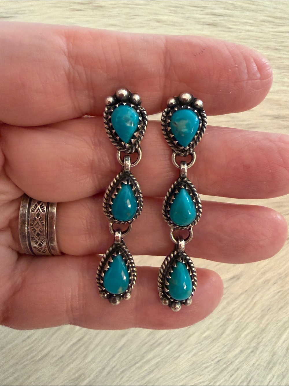 ❤️ Kingman Turquoise Sterling  3 Stone Statement Dangle 10.5G Earrings 1.92”L